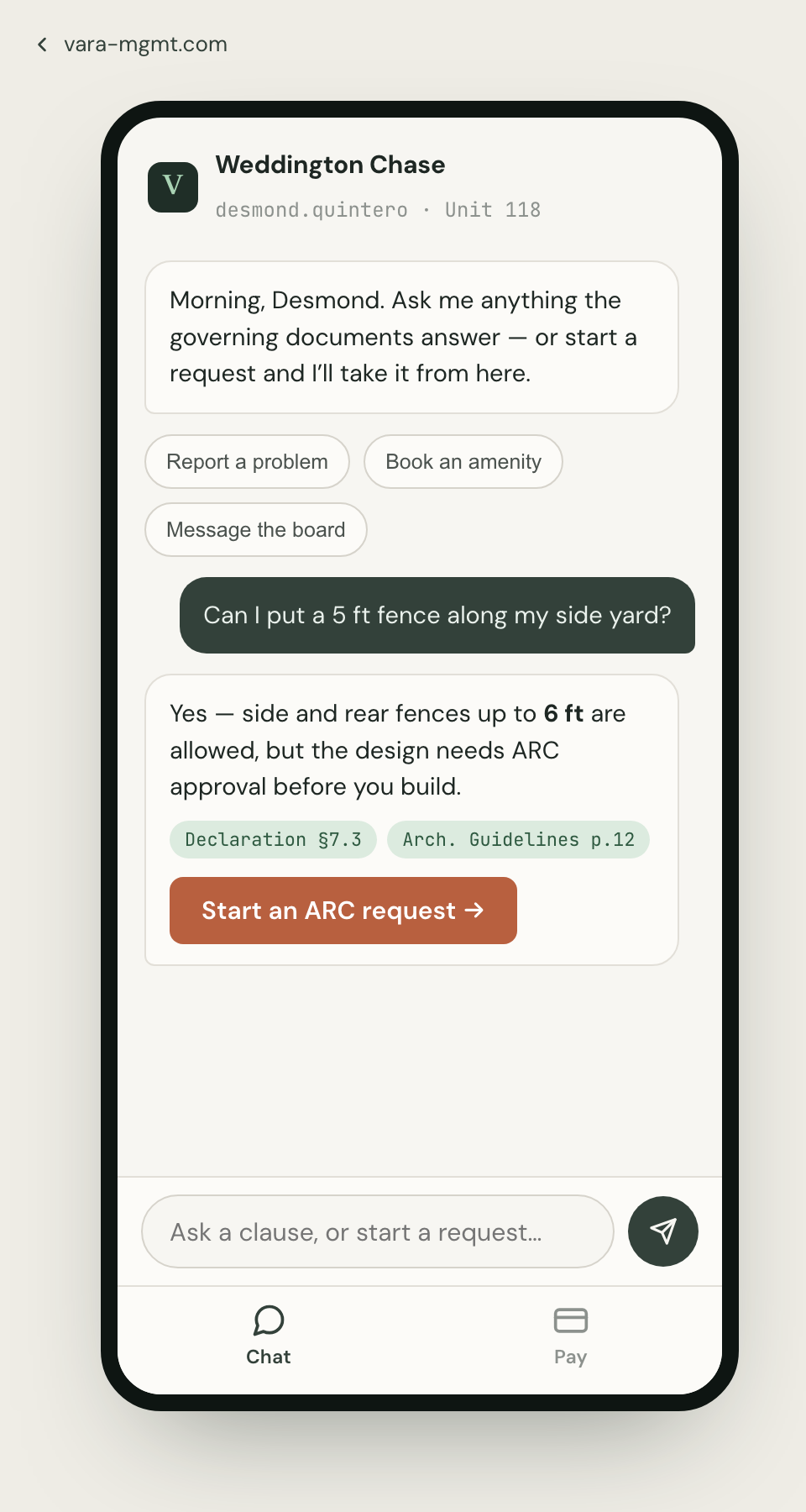 Vara resident portal on a phone: a chat that answers from the governing documents, and a Pay tab.